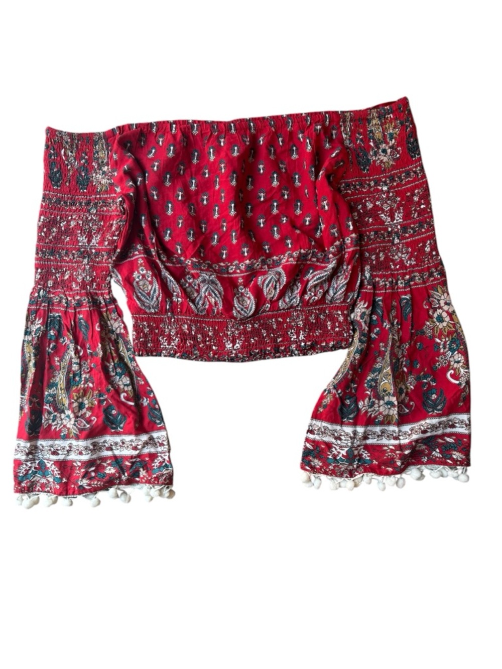 Band of Gypsies Red Off-Shoulder Boho Peasant Blouse with Tassel Tie - Picture 3 of 4
